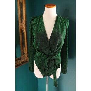 Women's Metallic Green Bodysuit Long Sleeve Shimmer Plunge Neck Sexy Club Medium